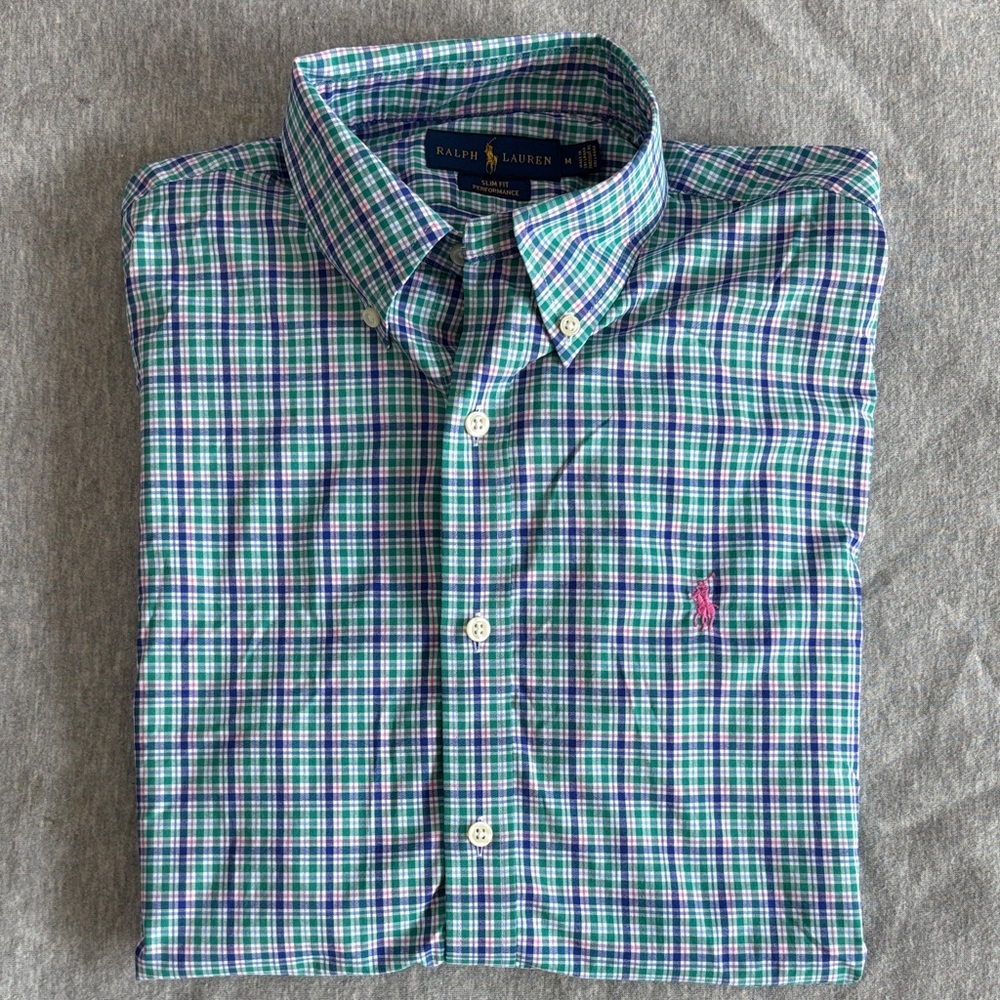 Ralph Lauren Men's Blue Green Plaid Button-Down Performance Slim Fit Size M